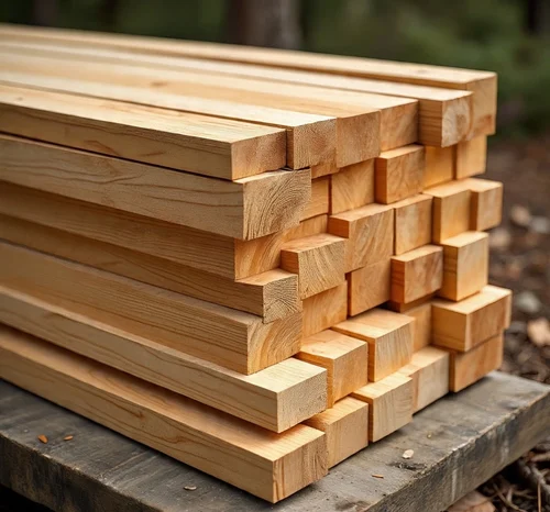 Stacked sawn timber beams from a Portuguese sawmill